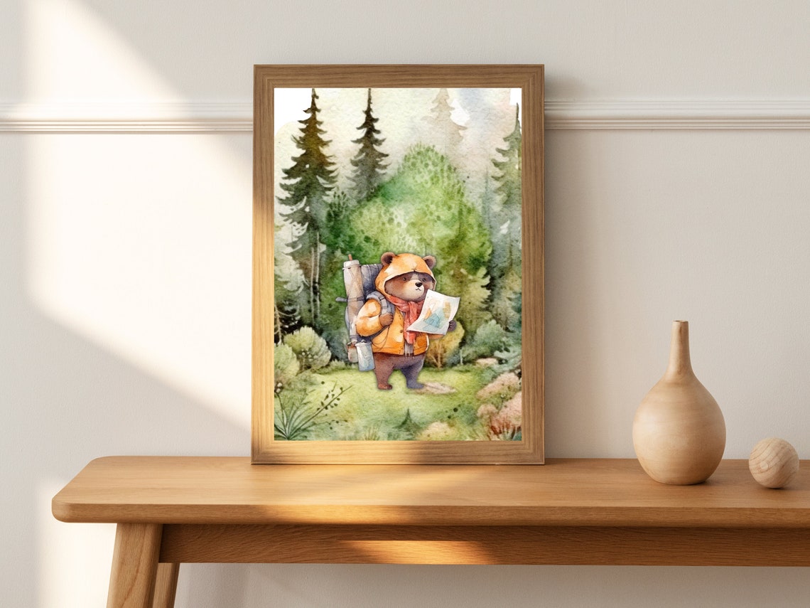 Little Bear Explorer Reading a Map Forest Woodland Nursery Poster - Image 2