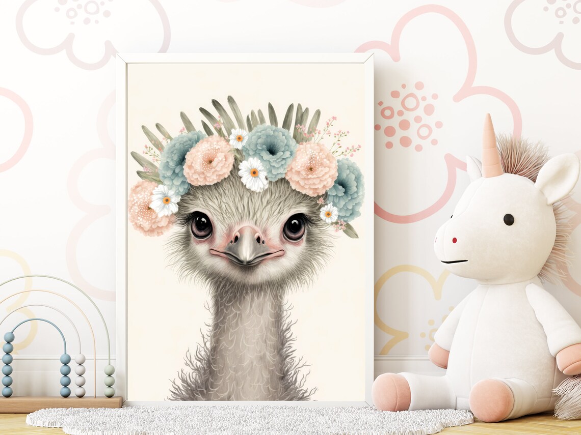 Baby Ostrich With Flower Crown Watercolor Nursery Animal Art Poster - Image 3