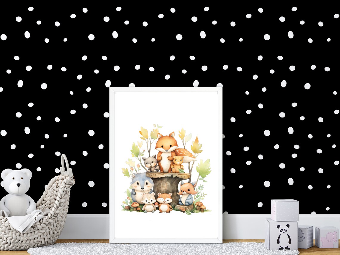 Woodland Friends Around a Tree Stump Watercolor Nursery Poster - Image 3