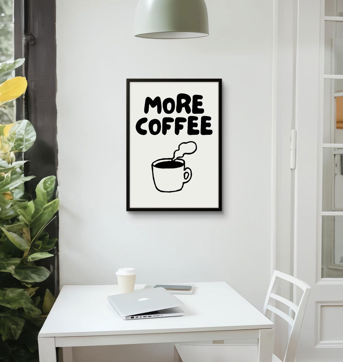 More Coffee Bold Black Lettering Steaming Cup Minimalist Poster