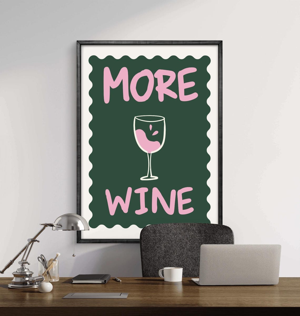 More Wine Funny Bar Cart Kitchen Pink Green Decorative Poster