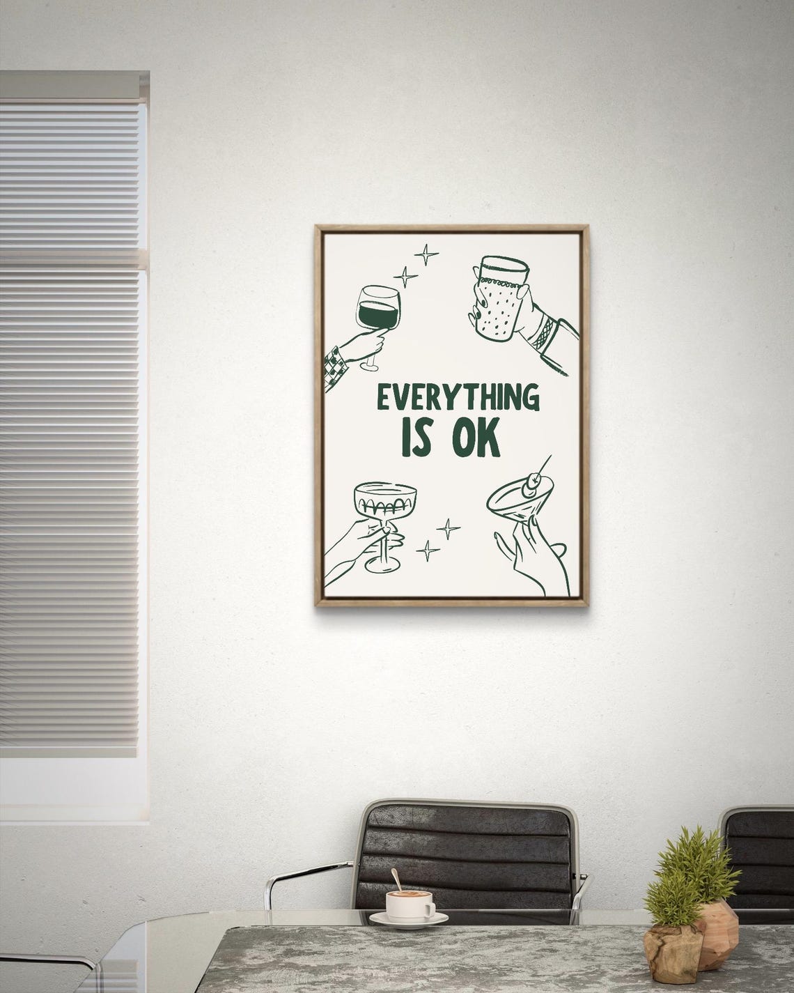Everything Is OK Cheeky Cocktail Hands Green Line Art Poster