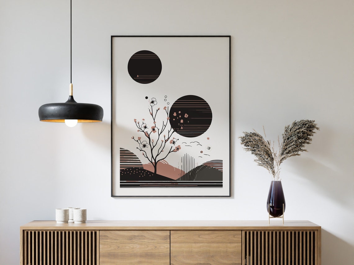 Double Black Sun Cherry Blossom Abstract Graphic Landscape Poster - Image 2