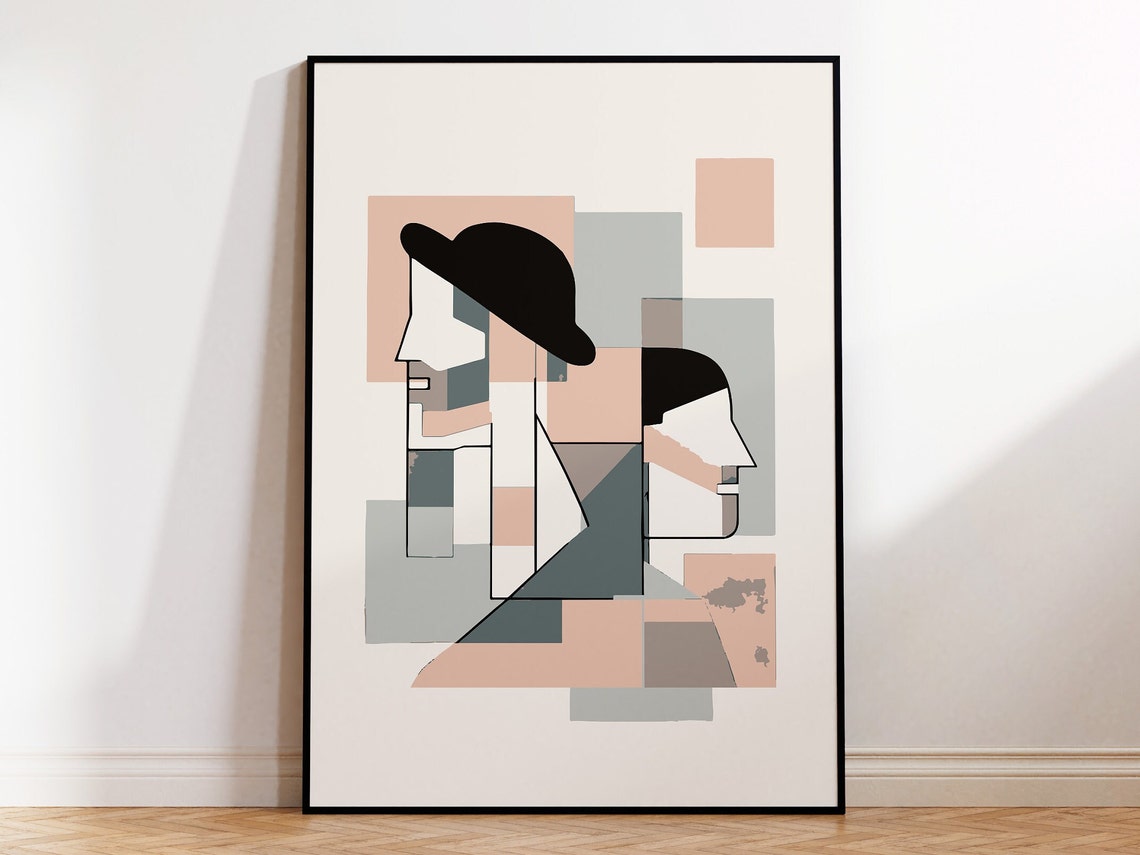Geometric Pastel Two Faces in Hats Cubist Abstract Art Poster