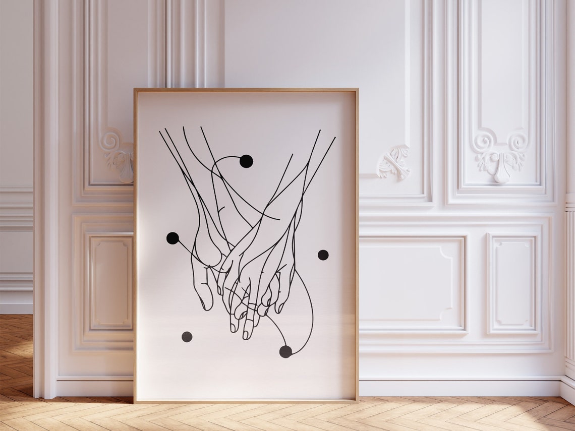 Holding Hands Line Art Minimalist Black White Couple Wall Poster