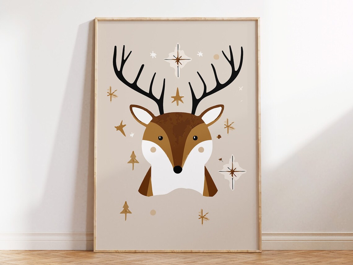 Cute Starry Deer Nursery Art Gold Antlers Woodland Baby Room Poster