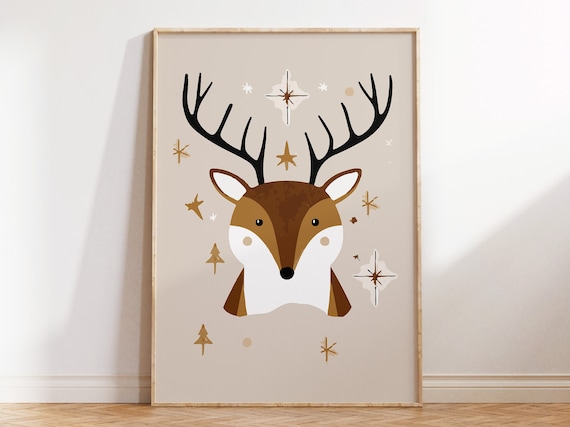 Cute Starry Deer Nursery Art Gold Antlers Woodland Baby Room Poster