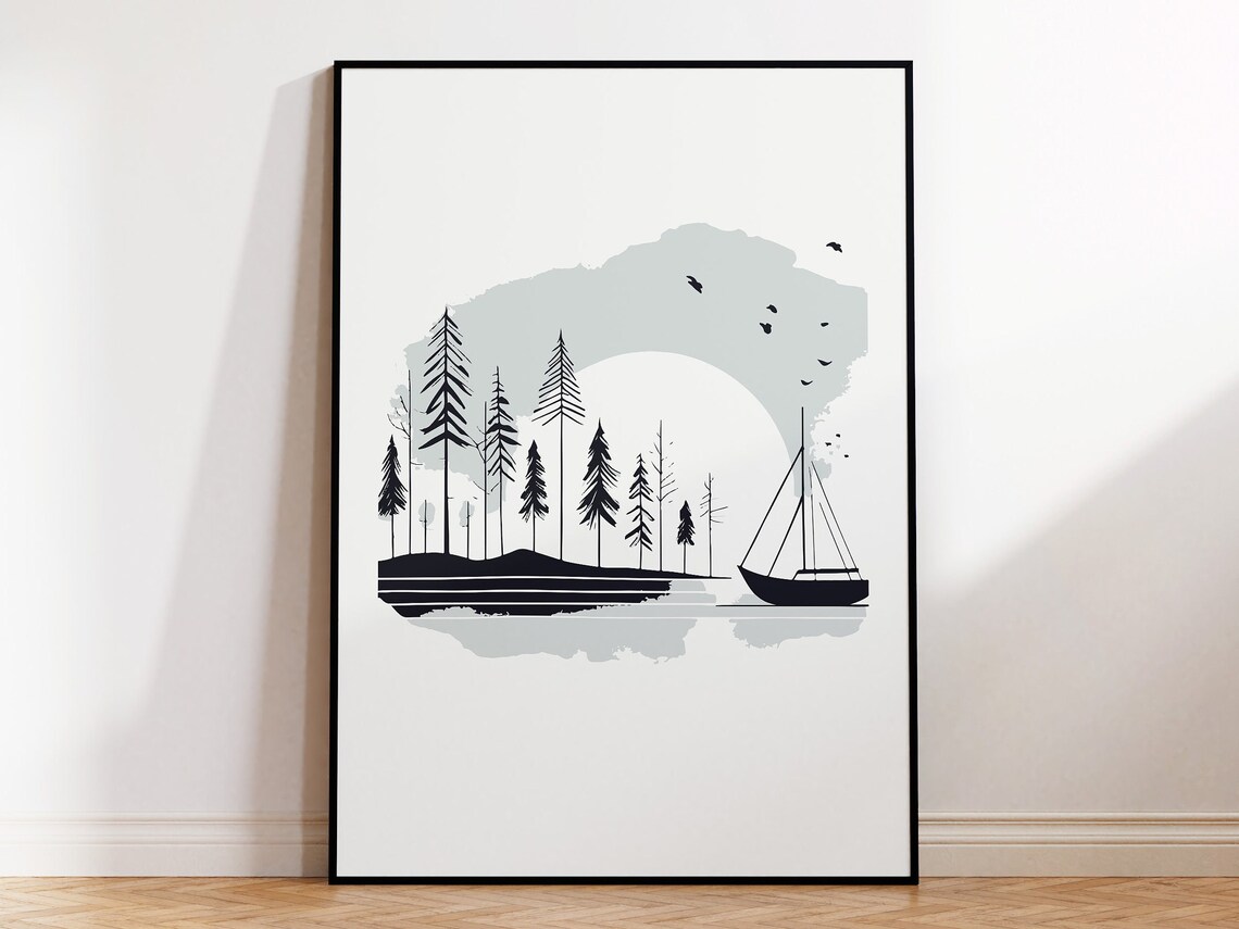Minimalist Sailboat and Pine Tree Japanese Seascape Landscape Poster