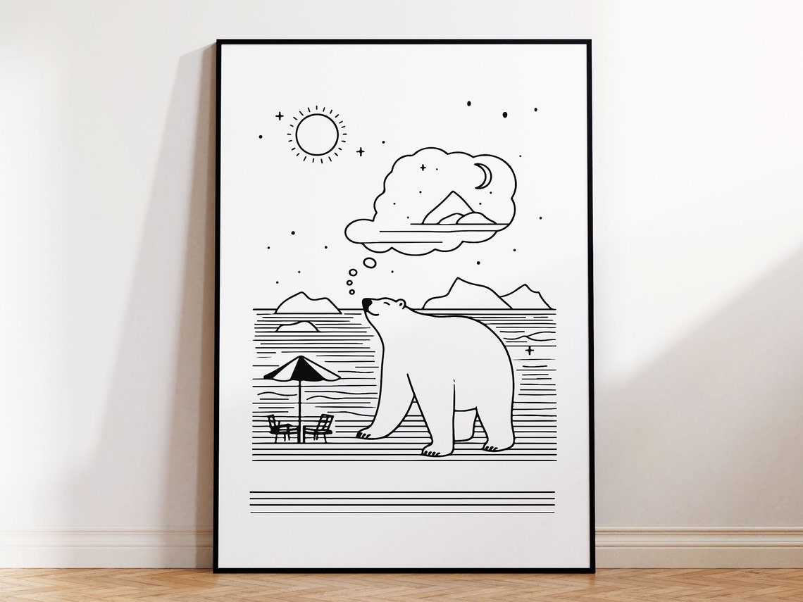 Polar Bear Dreaming Vacation Beach Line Art Funny Animal Poster