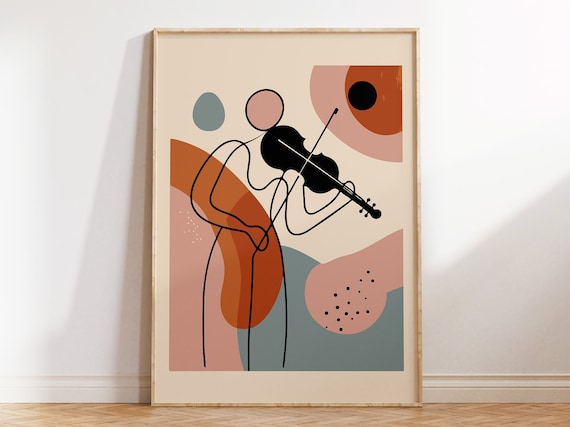 Violin Player Line Art Abstract Terracotta Blobs Classical Music Poster