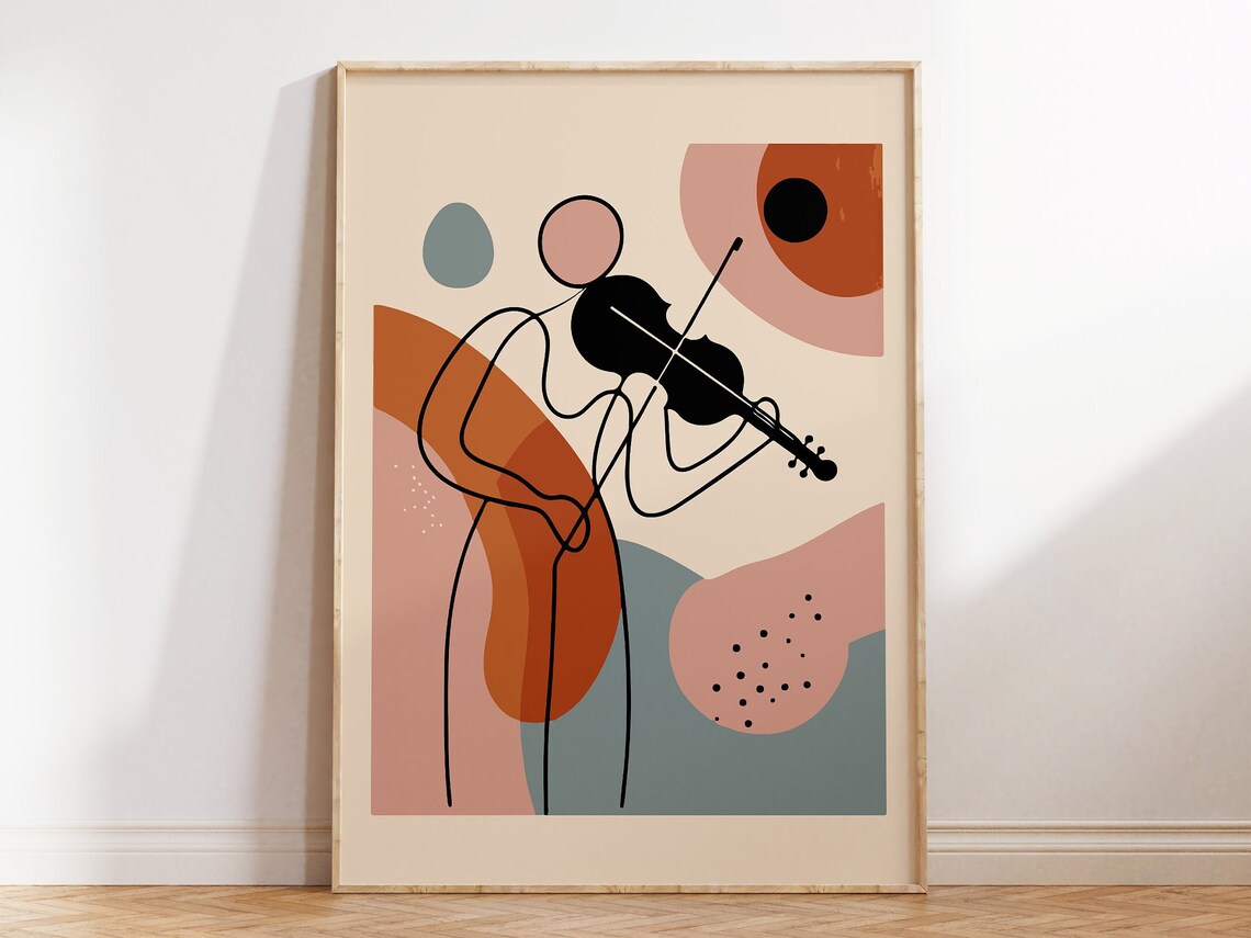 Violin Player Line Art Abstract Terracotta Blobs Classical Music Poster