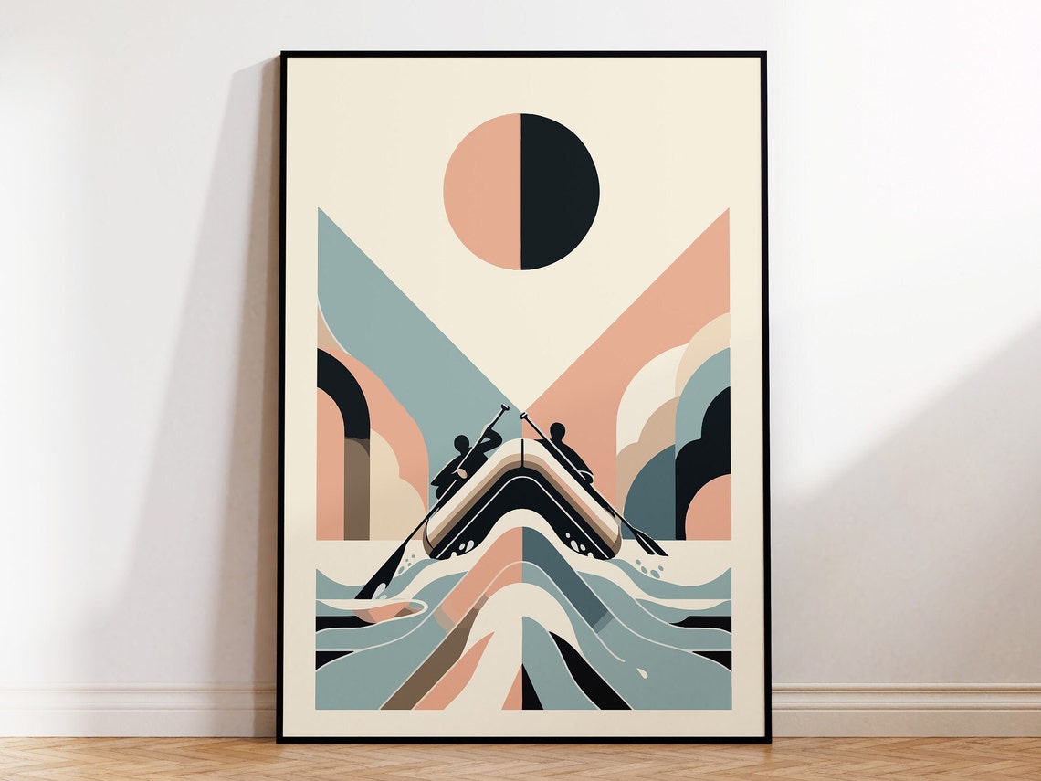 Geometric Rafting Adventure Poster with Pastel Canyon and River Art