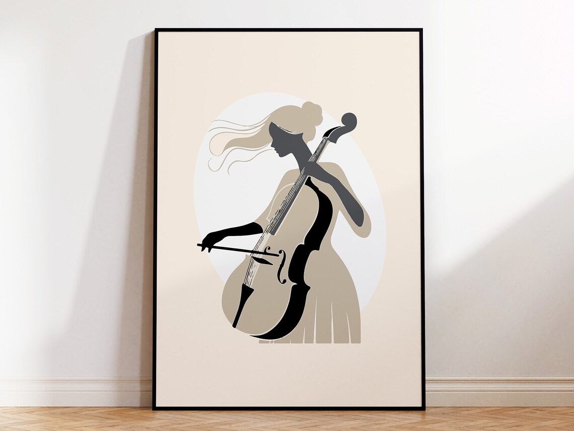 Woman Playing Cello Elegant Beige Silhouette Classical Music Art Poster