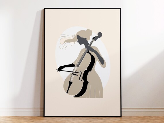 Woman Playing Cello Elegant Beige Silhouette Classical Music Art Poster