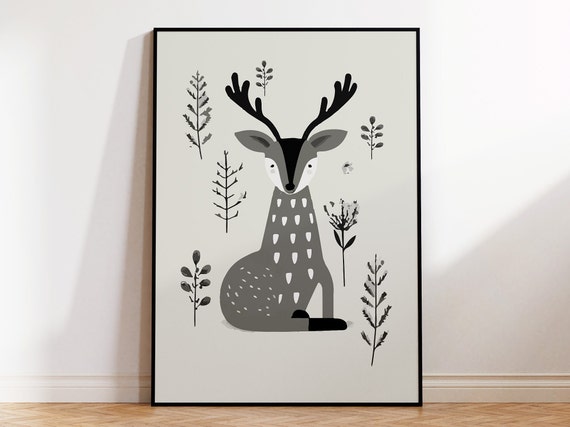 Deer Print Boho Kids Room Wall Art For Scandinavian Home Animal Print Nordic Nursery Poster For Minimalist Interior Framed Option