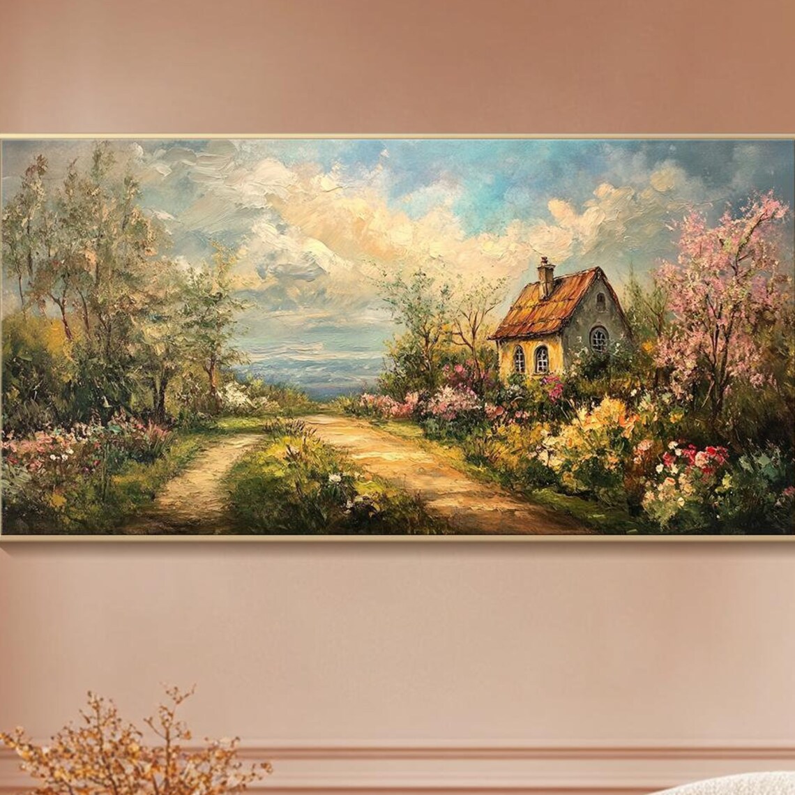 Country Cottage Garden Path Blooming Flowers Oil Painting Landscape