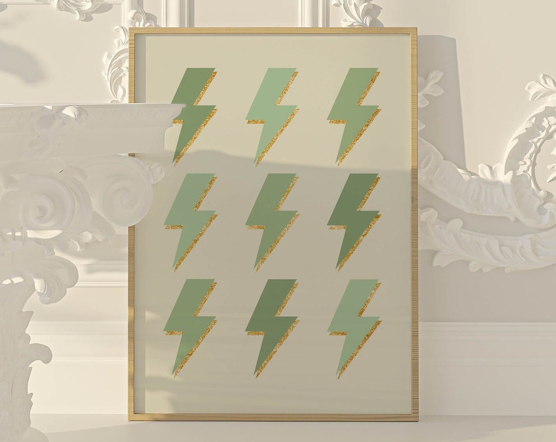 Sage Green Lightning Bolts Gold Glitter Preppy Trendy Wall Poster