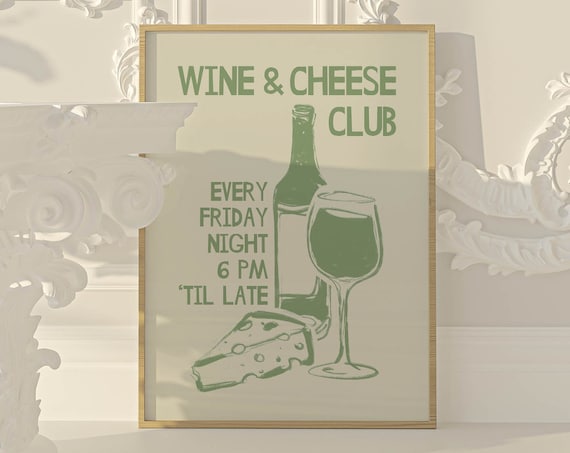 Wine and Cheese Club Friday Night Sage Green Typography Poster
