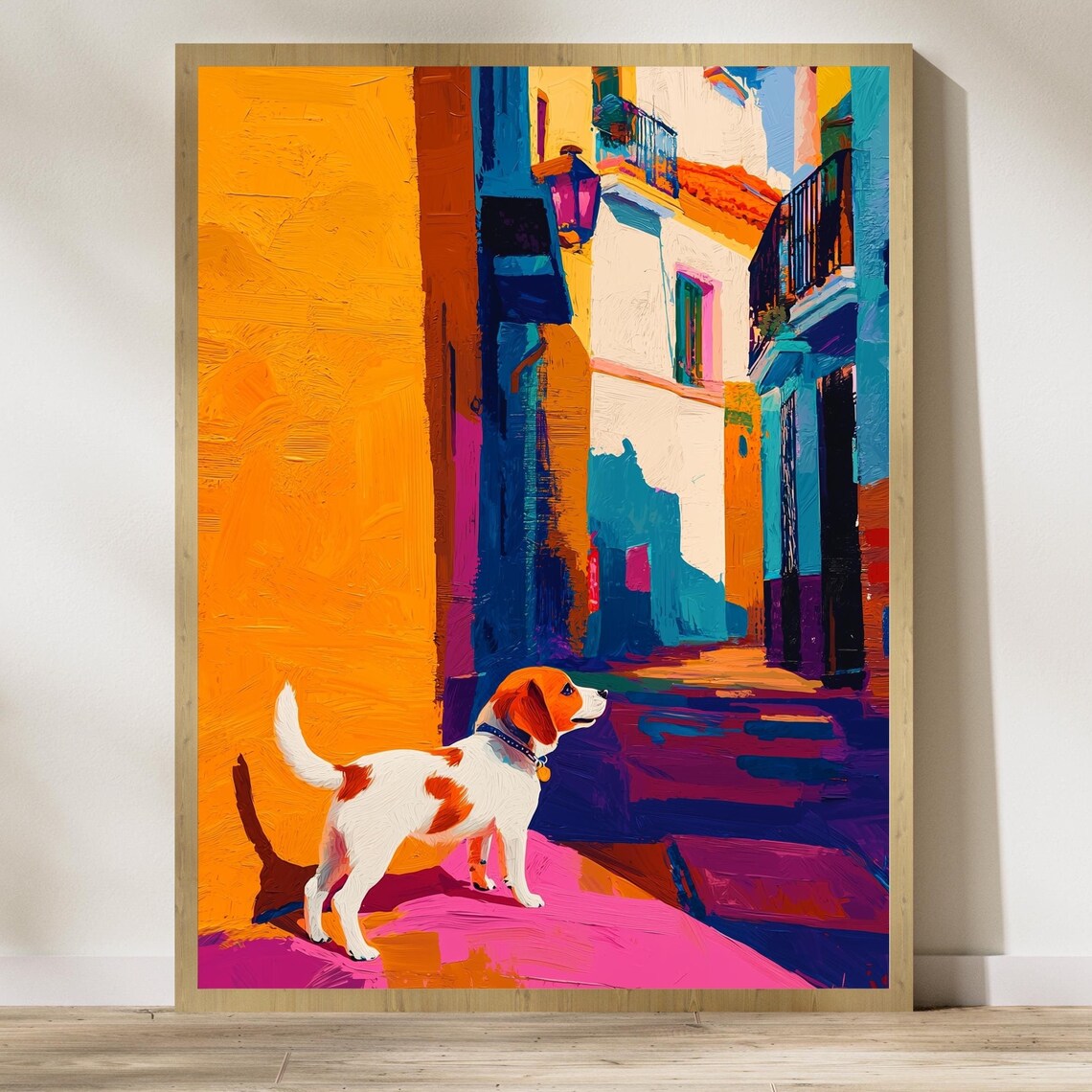 Colorful Rome Street Poster Happy Spotted Dog Mediterranean Old Town