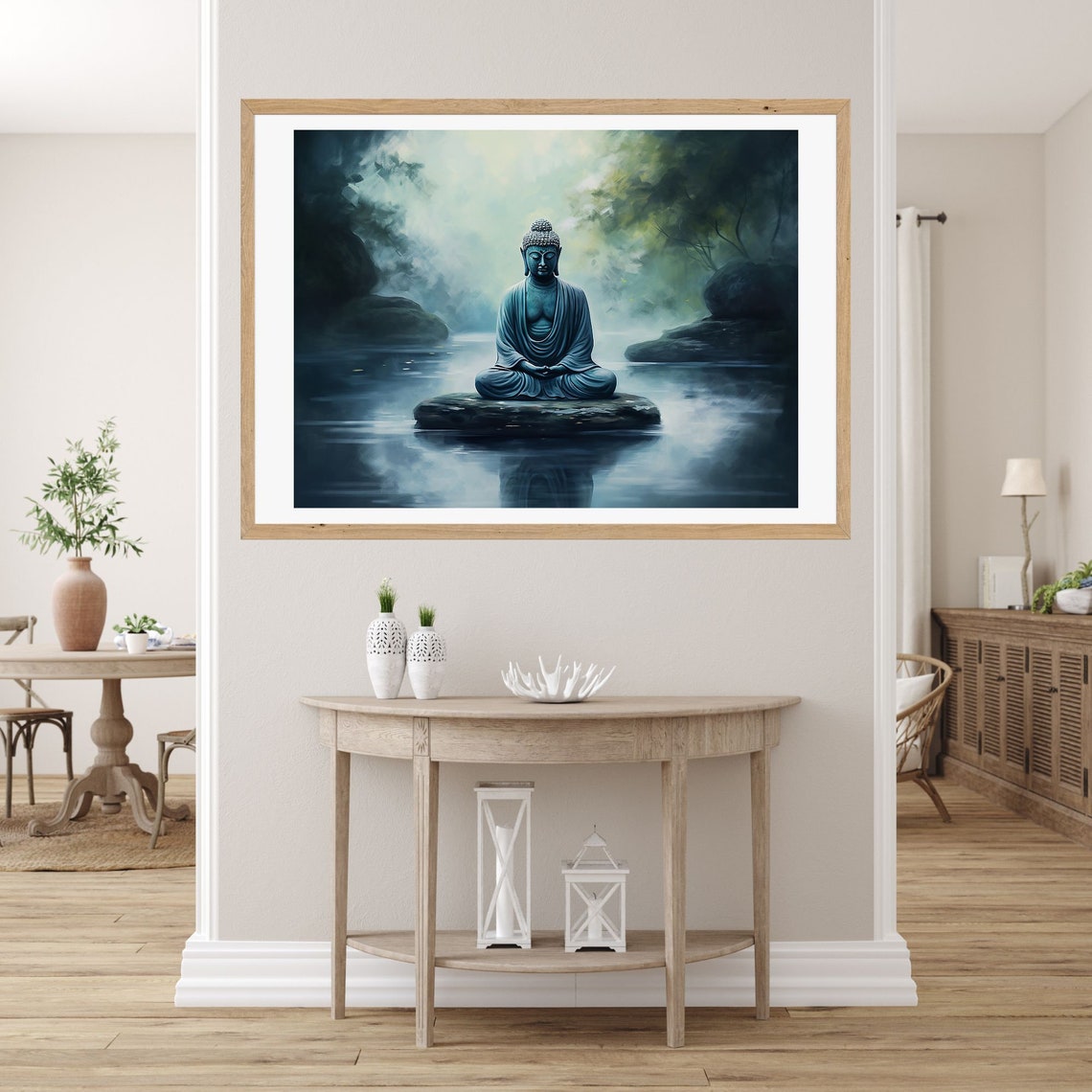 Blue Buddha Statue Meditating on a Rock in a Misty Lake Poster - Image 2