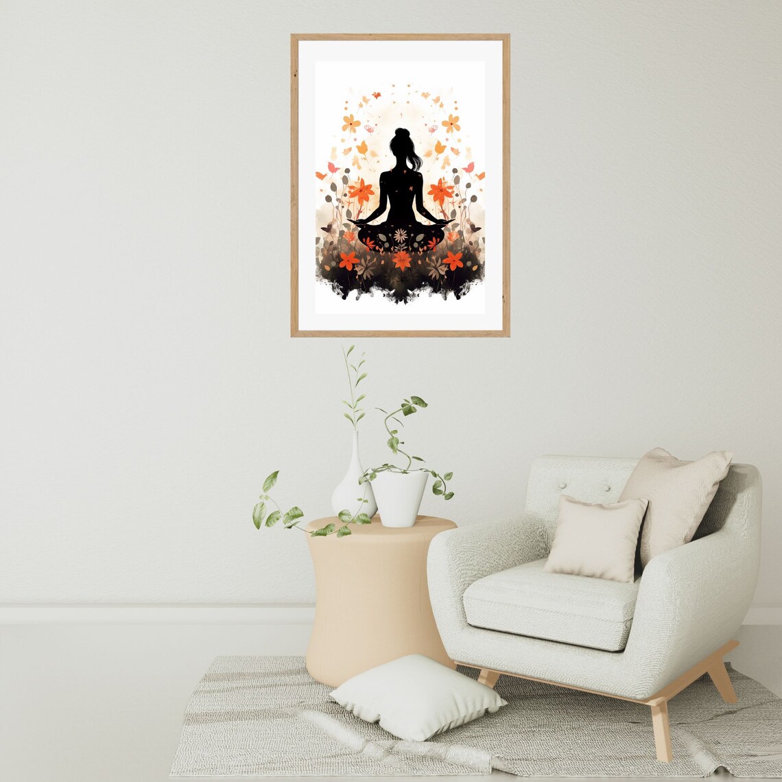 Meditating Woman Silhouette Among Orange Flowers Bold Feminine Wall Art - Image 2