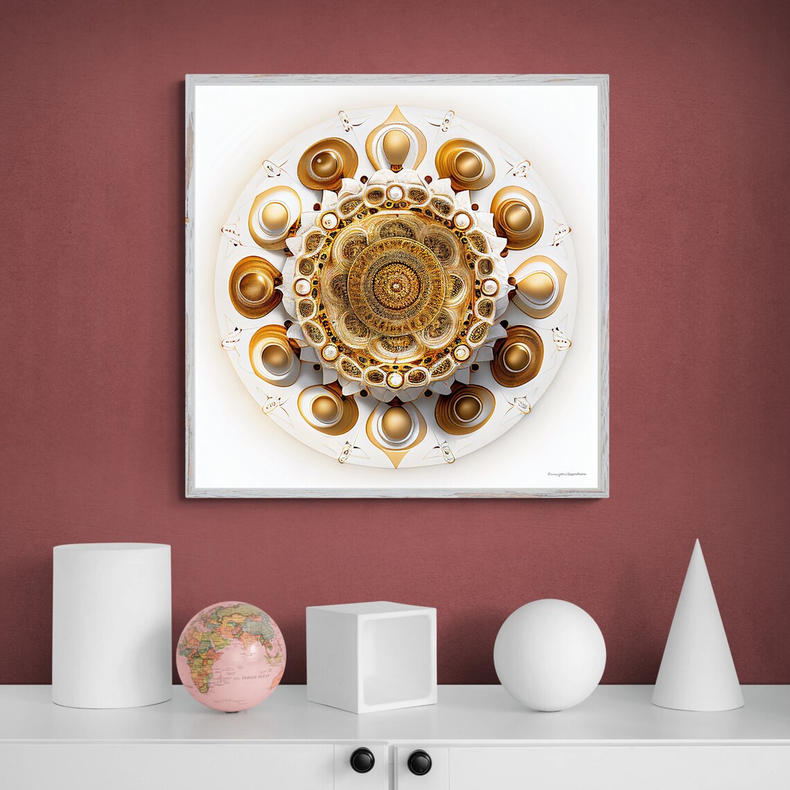 Golden Metallic Mandala with Gleaming Orbs and Filigree Poster