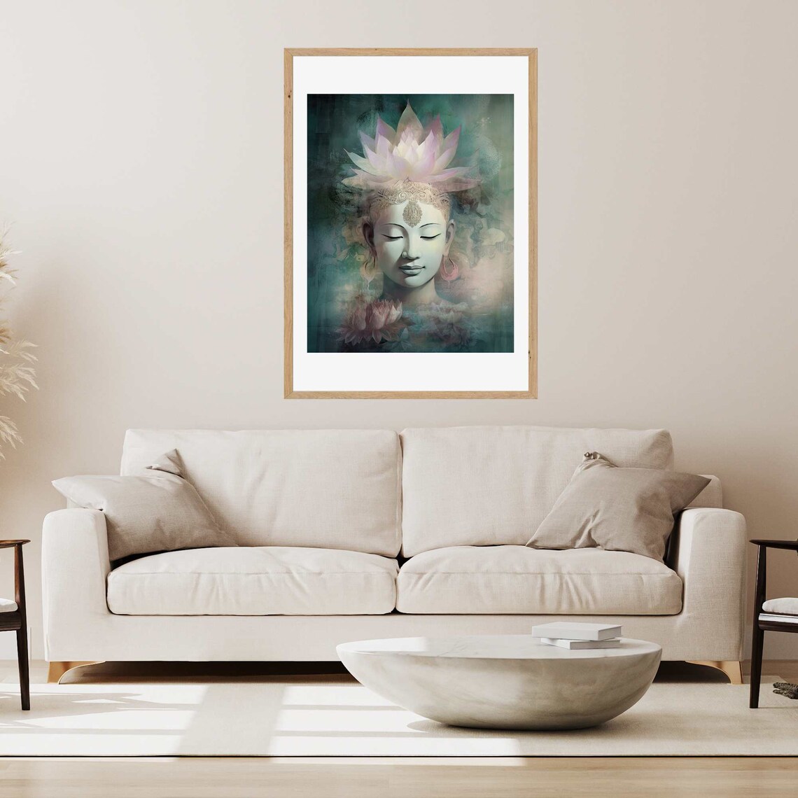 Divine Feminine Face With Ethereal Lotus Crown Misty Teal Wall Art - Image 2