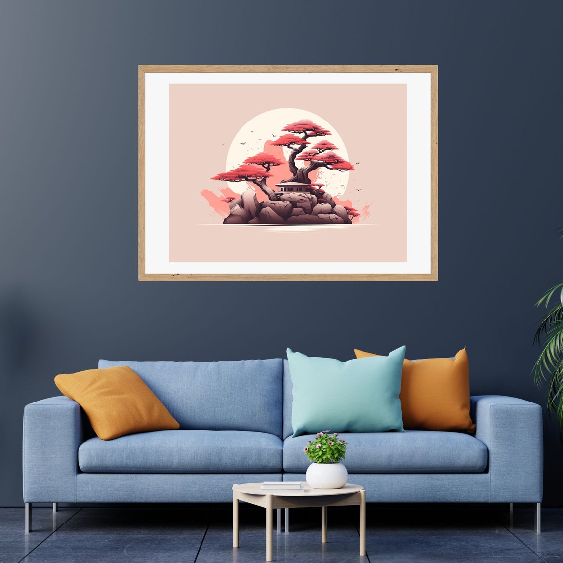 Japanese Red Bonsai Tree on Rocky Island Under Full Moon Poster - Image 2