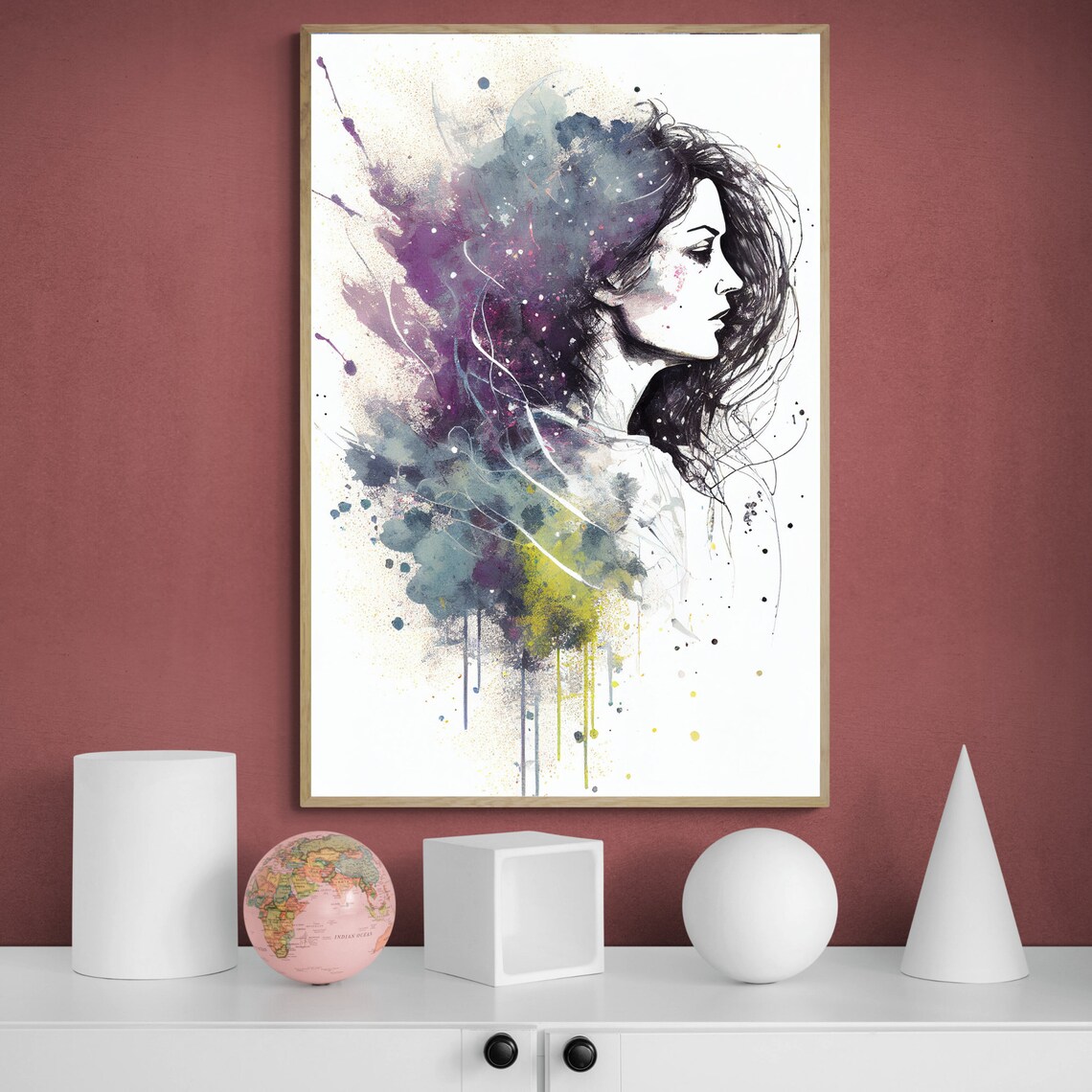Watercolor Woman Profile with Purple and Green Splashes Poster