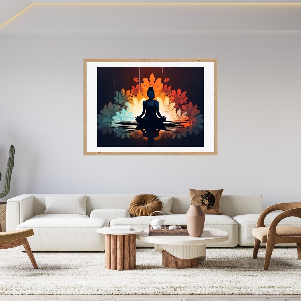 Meditating Woman Silhouette Over Water with Fire Flowers Poster - Image 3