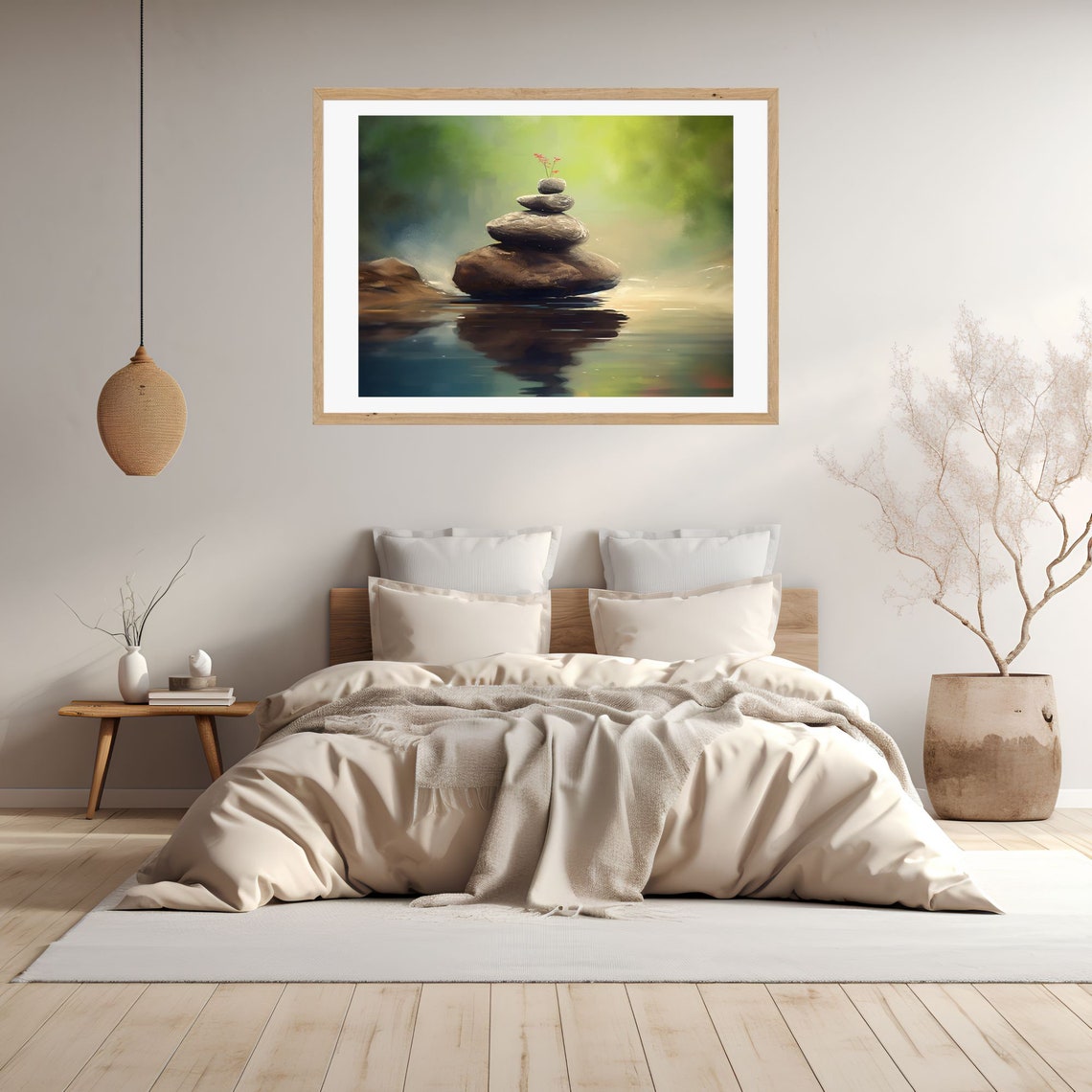 Balanced Zen Stones Cairn Rising from Still Forest Water Poster - Image 3