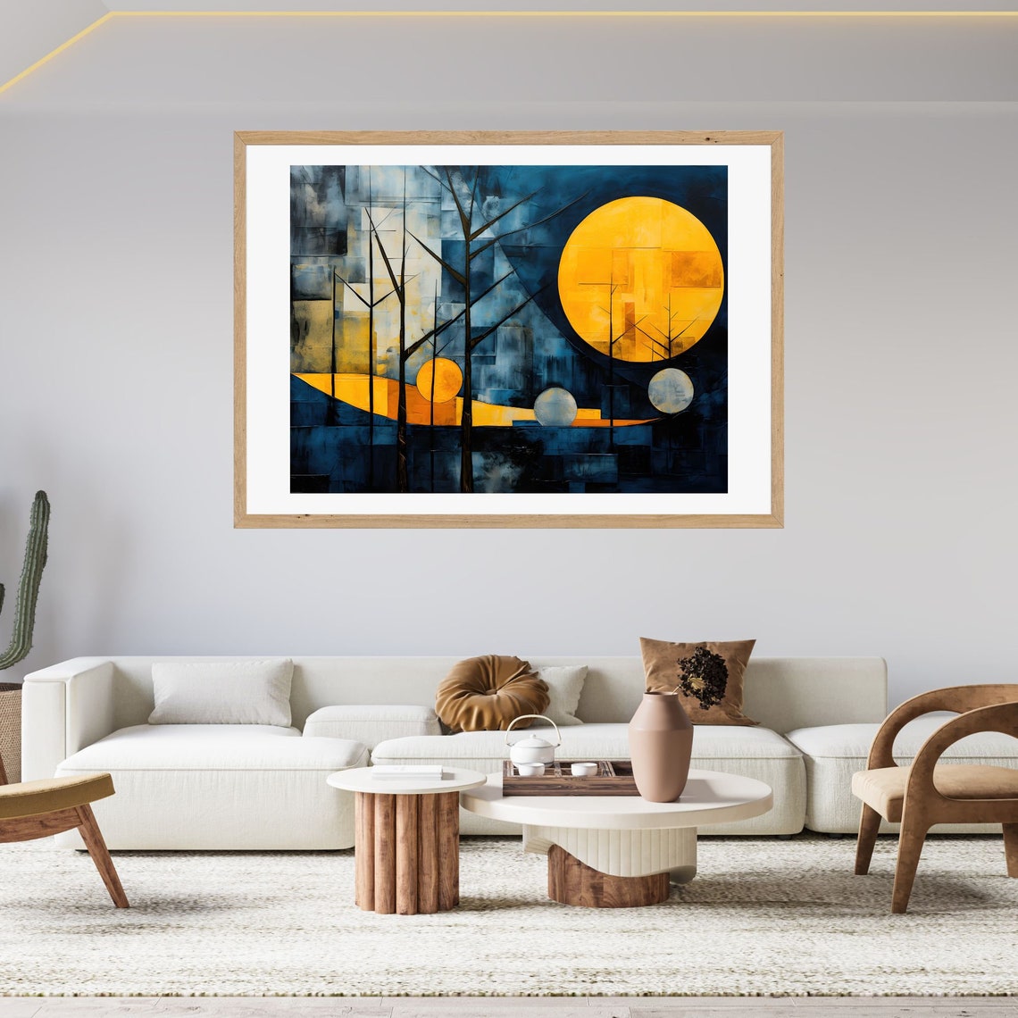 Abstract Geometric Night Forest With Bold Golden Sun Modern Wall Art - Image 2