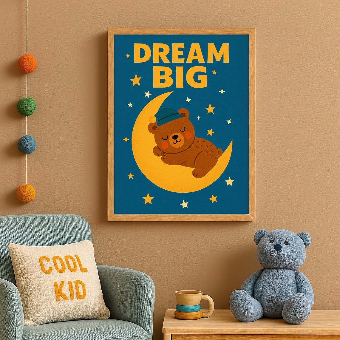 Dream Big Nursery Wall Art Bear On Moon Poster Kids Room Decor Cute Bedtime Illustration