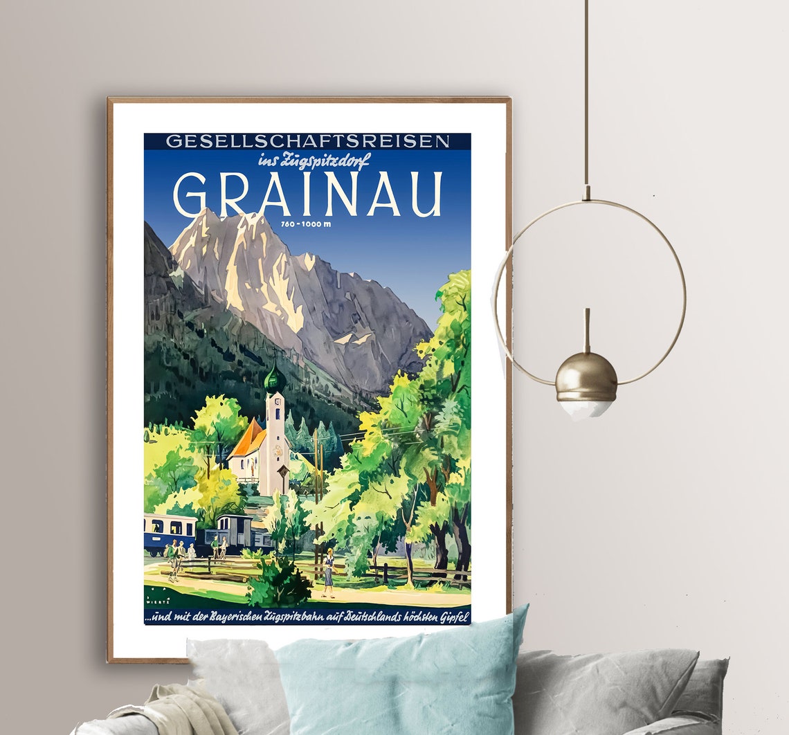 Grainau Zugspitze Mountain Village Church Train Vintage Travel Poster - Image 2