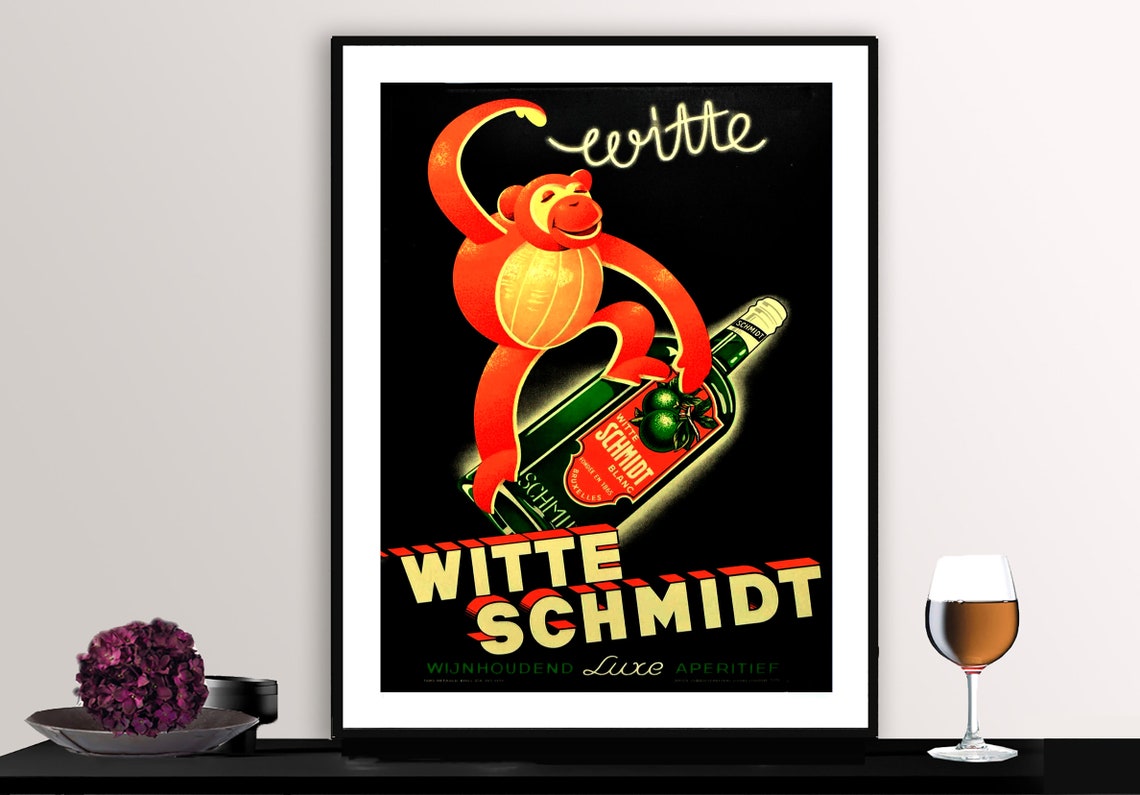 Witte Schmidt Aperitif Red Monkey and Liqueur Bottle Vintage Poster