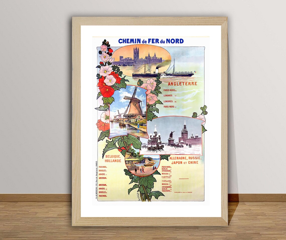 Chemin de Fer du Nord England Belgium Europe Vintage Travel Poster