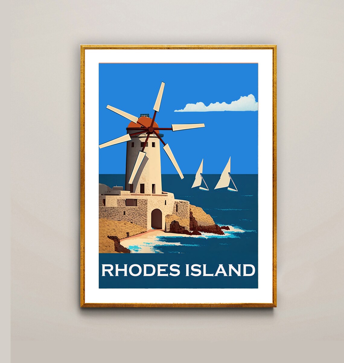Rhodes Island Windmill Sailboats Aegean Sea Vintage Travel Poster