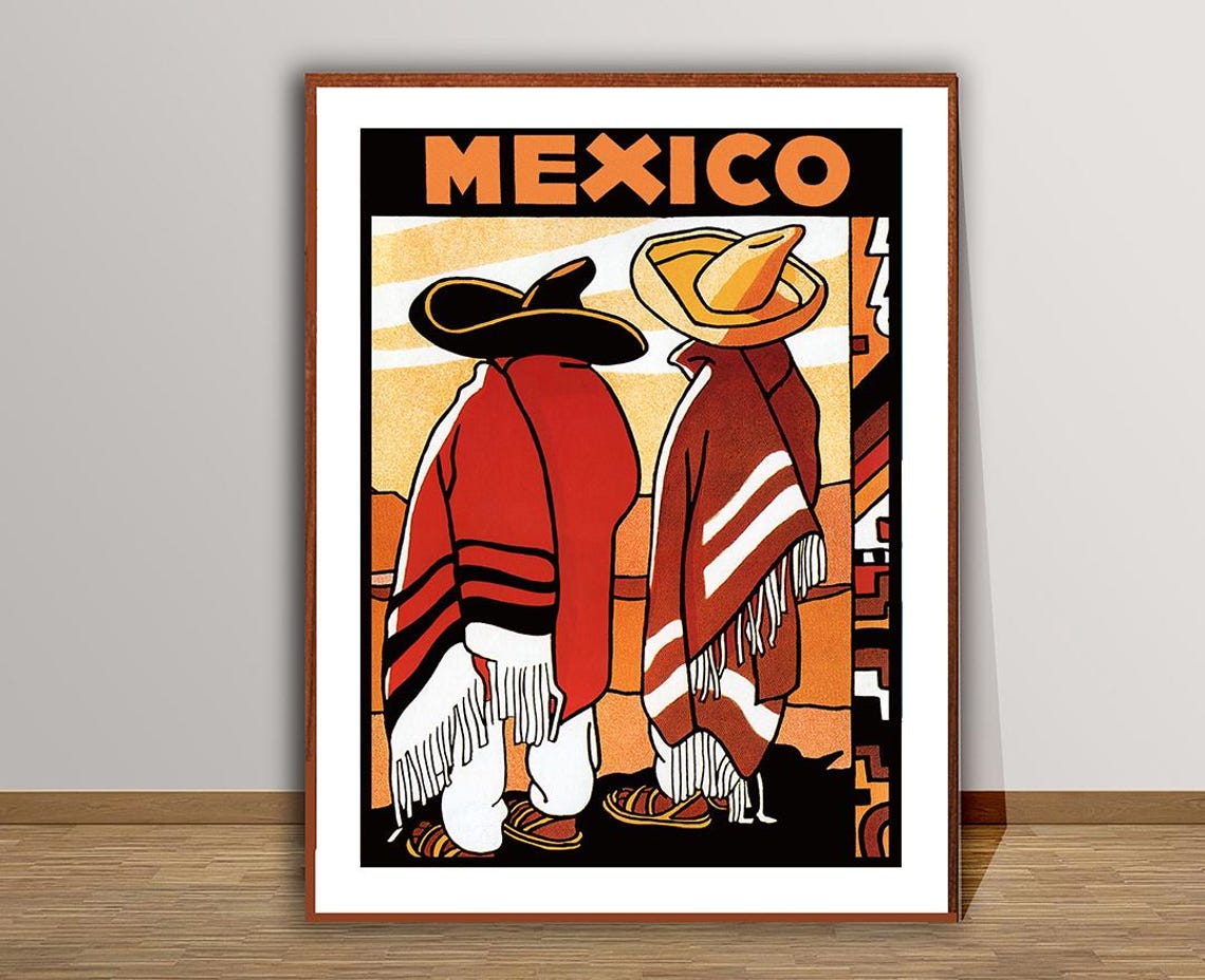 Mexico Sombreros Sunset Two Figures Vintage Mexican Travel Poster