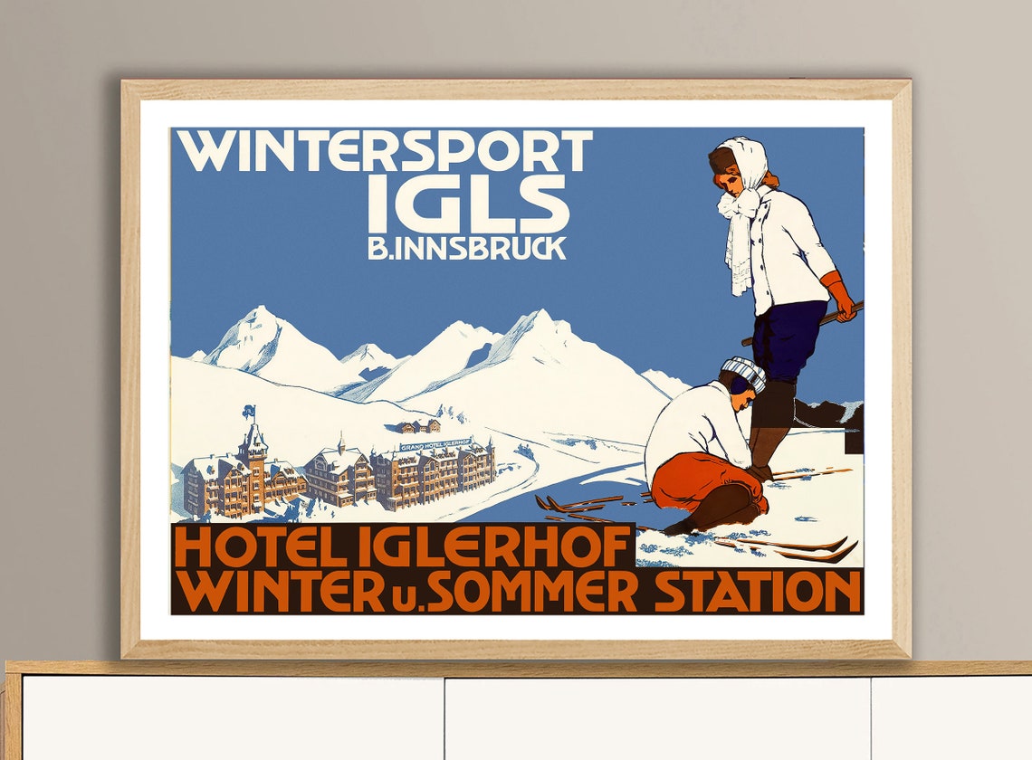 Vintage Igls Innsbruck Winter Ski Poster Hotel Iglerhof Alpine Art