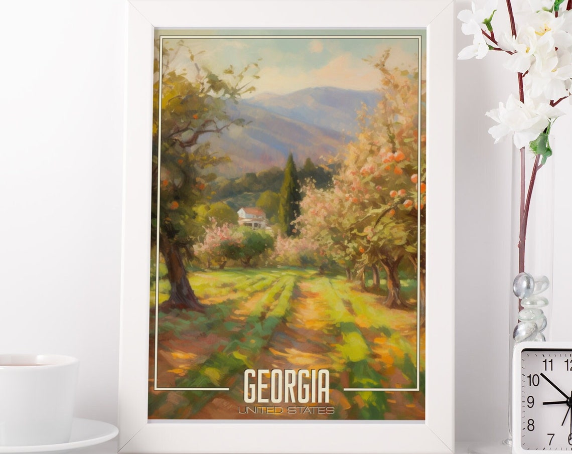 Georgia Peach Orchard Mountain Farm House Sunset Travel Poster
