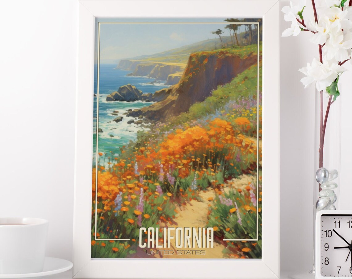 California Big Sur Coast Cliffs Ocean Poppies Golden Travel Poster