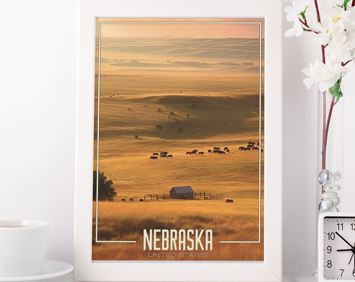 Nebraska Golden Prairie Hills Cattle Ranch Barn Sunset Travel Poster