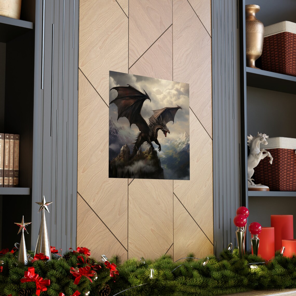Powerful Dragon Flying Fantasy Poster, Mountaintop - Image 4
