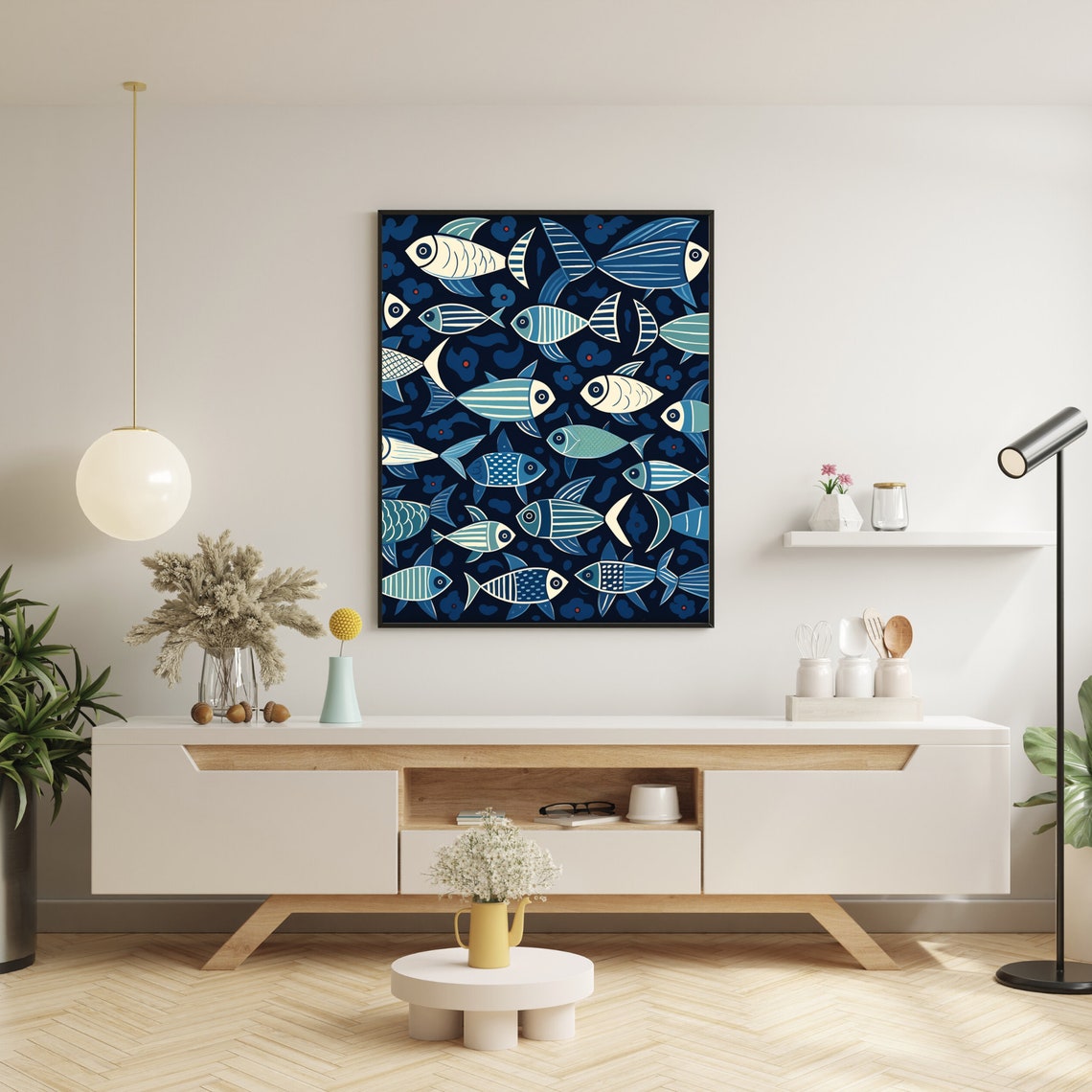 Blue Fish Pattern Poster, Monochromatic Abstract - Image 4