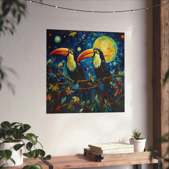 Post Impressionism Toucans Under The Moon Art Print