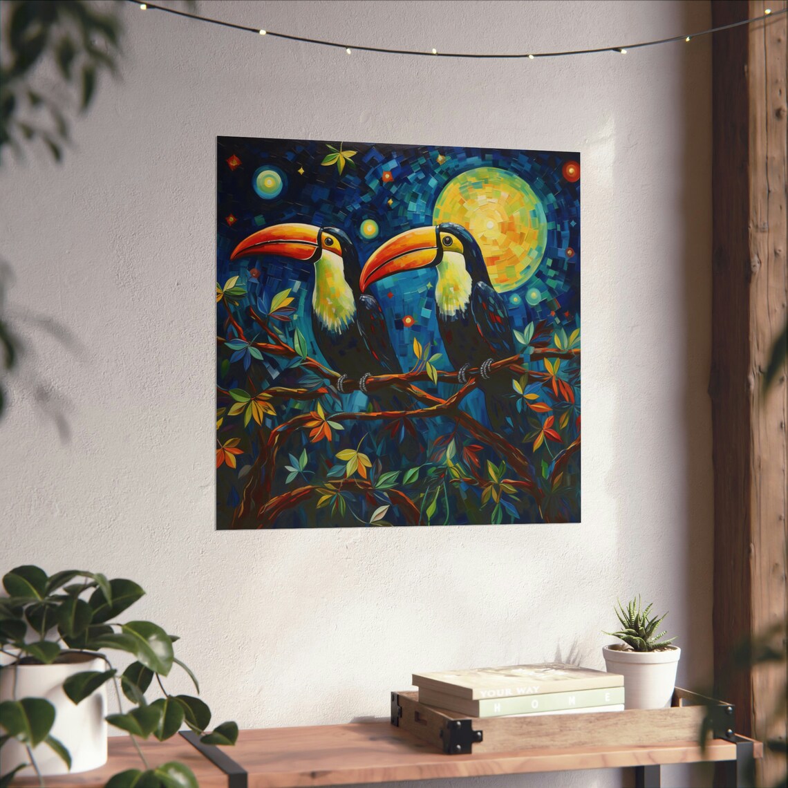 Post Impressionism Toucans Under The Moon Art Print