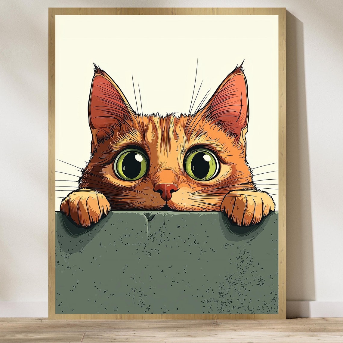 Cute Ginger Cat Peeking Over The Edge Playful Cartoon Cat Art Poster