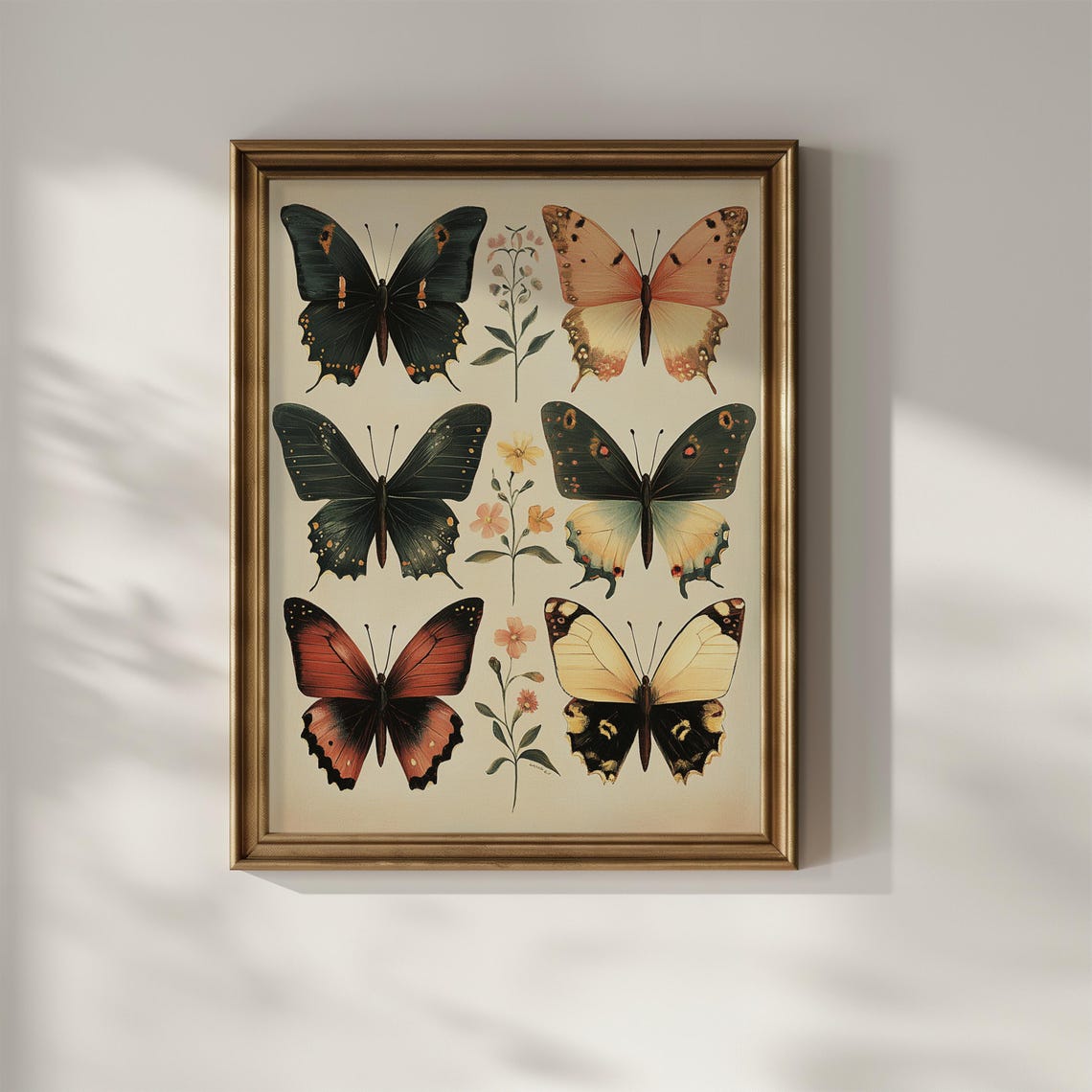 Six Butterflies Botanical Study Cream Naturalist Floral Vintage Poster - Image 2