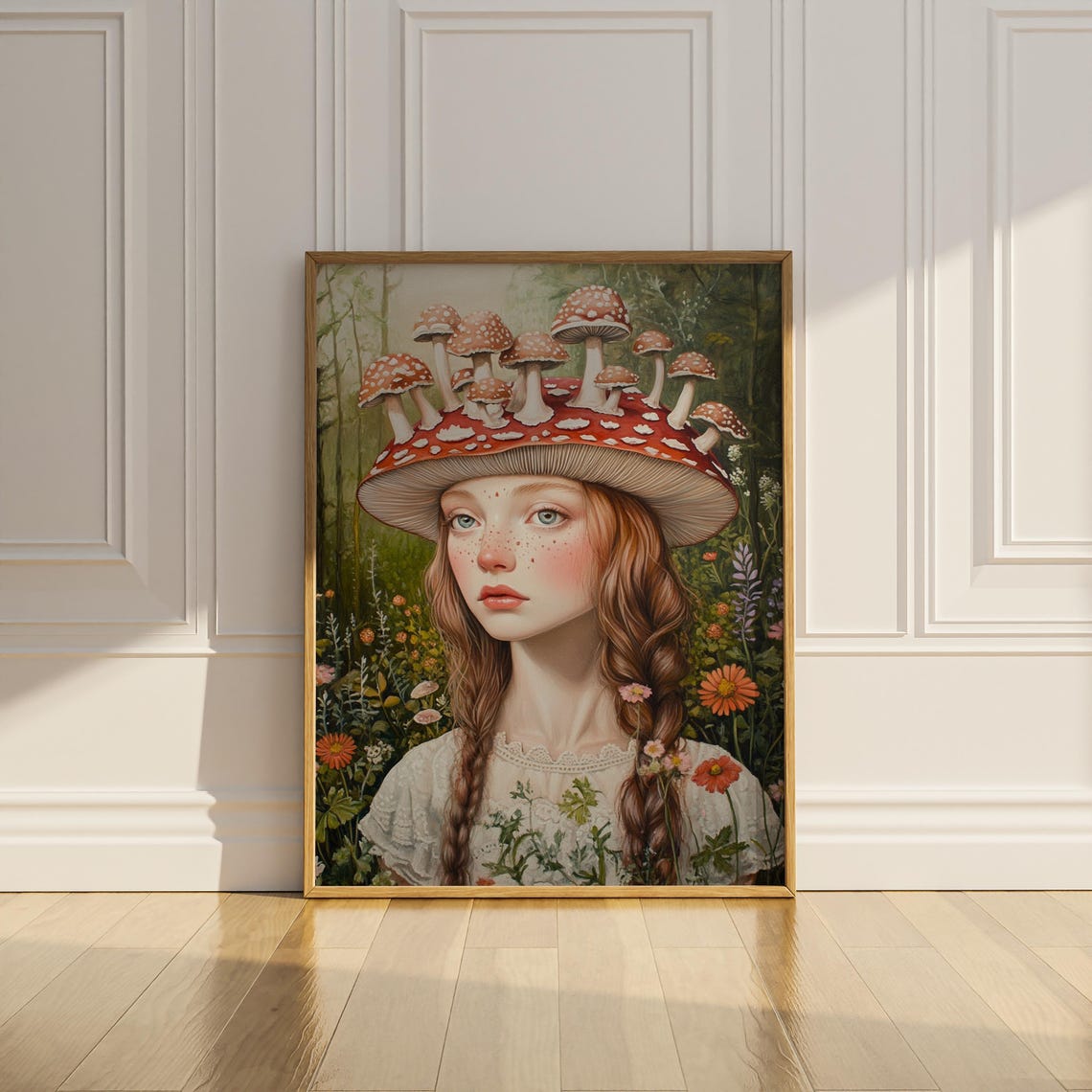 Mushroom Hat Girl Red Hair Forest Whimsical Cottagecore Fantasy Poster - Image 3
