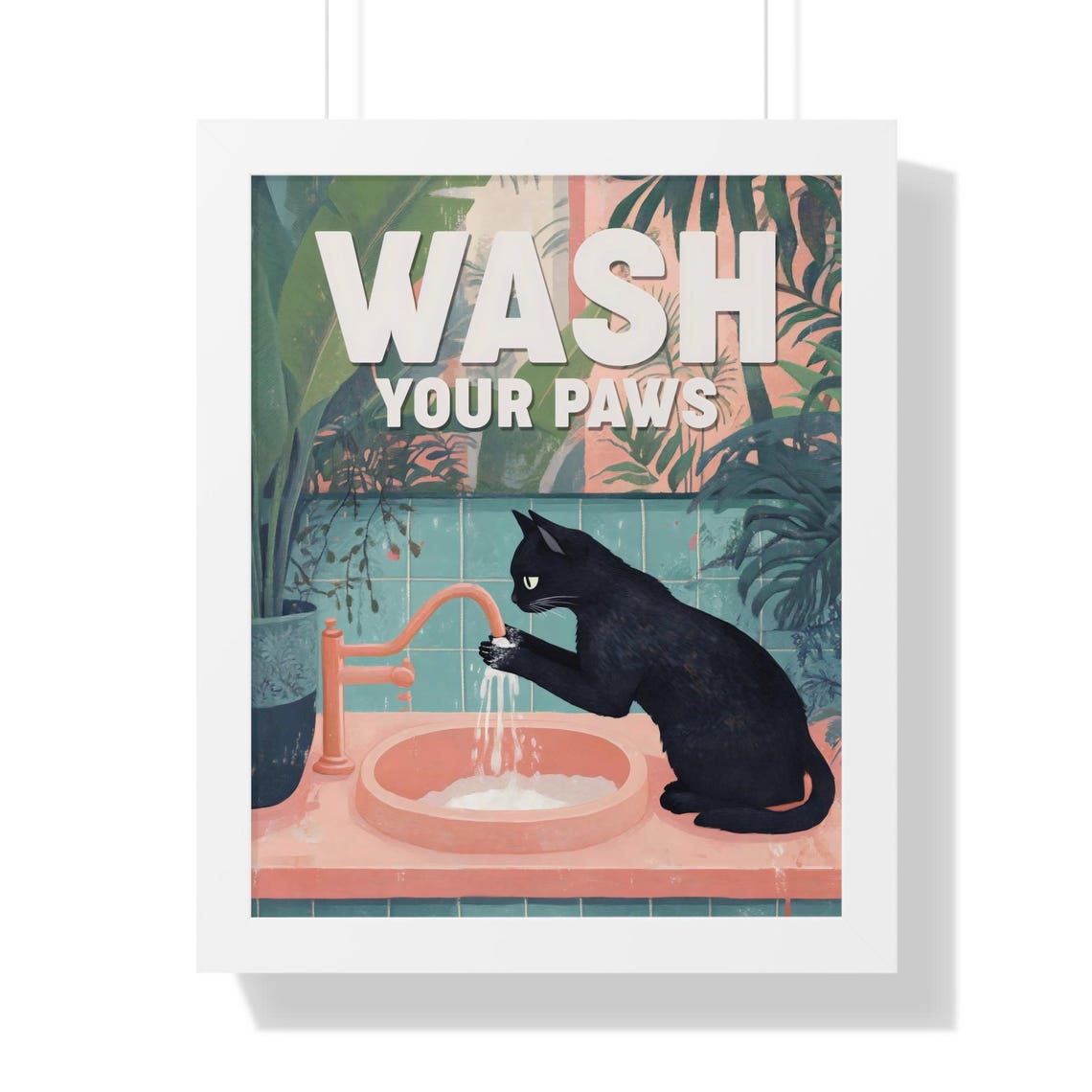 Wash Your Paws Black Cat at Faucet Peach Bathroom Sign Poster - Image 2